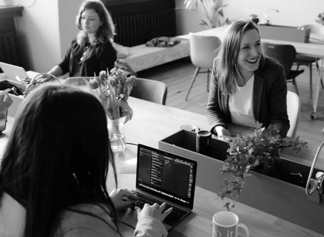 Ladies smiling happily working on their laptops